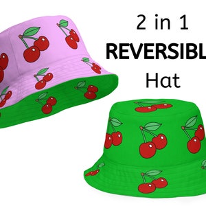 2 in 1 reversible Cherry Bucket Hat, pink aesthetic Kawaii Hat, Fruit Bucket Hat, Red Cherries Sun Hat, cute Summer Hat, fruity Beach Hat