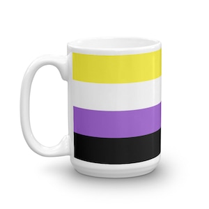 May include: White ceramic mug with a yellow, white, purple, and black striped design. The stripes represent the non-binary pride flag.