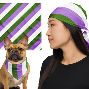May include: A white, green, and purple striped bandana is tied around a person's head. A dog wearing a matching bandana is sitting in front of a white background.
