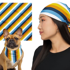 May include: A French bulldog wearing a blue, yellow, and orange striped bandana. A person is wearing a matching bandana on their head.