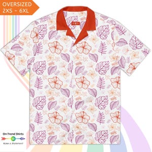 May include: A white short-sleeved button-up shirt with a red collar. The shirt has a tropical print with pink and orange hibiscus flowers, leaves, and vines.