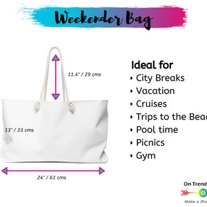 May include: White canvas weekender bag with two handles and a zipper closure. The bag measures 24 inches wide, 13 inches tall, and 11.4 inches deep. The bag is ideal for travel and has a large capacity.