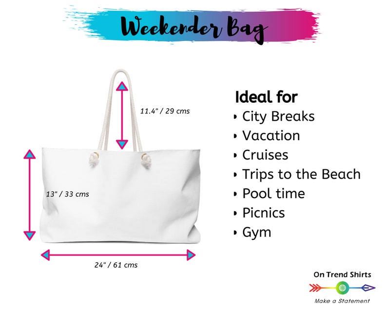 May include: White canvas weekender bag with two handles and a zipper closure. The bag measures 24 inches wide, 13 inches tall, and 11.4 inches deep. The bag is ideal for travel and has a large capacity.
