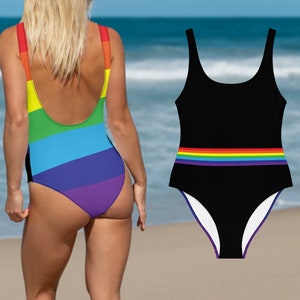 Black Rainbow Flag Stripe one piece Swimsuit, LGBT Pride Flag Bathing Suit, Gay Swimming Costume, Queer Swimwear Bodysuit, Pride Beachwear