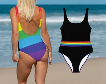 Black Rainbow Flag Stripe one piece Swimsuit, LGBT Pride Flag Bathing Suit, Gay Swimming Costume, Queer Swimwear Bodysuit, Pride Beachwear