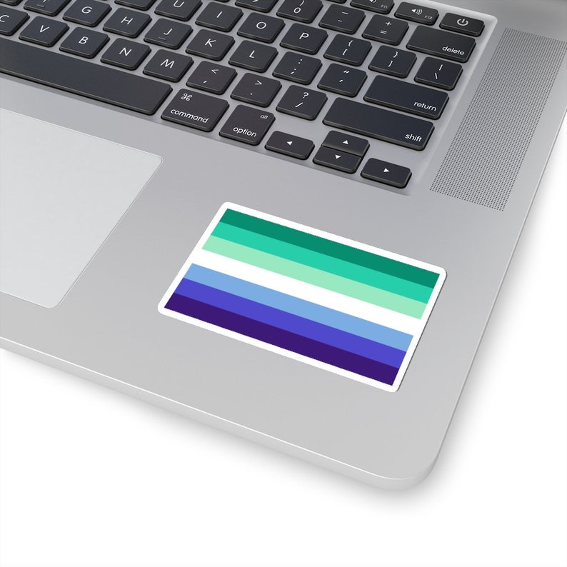 Puede incluir: Una pegatina con una bandera del orgullo azul, verde y blanca con cinco rayas horizontales. La bandera est&aacute; en una computadora port&aacute;til plateada.