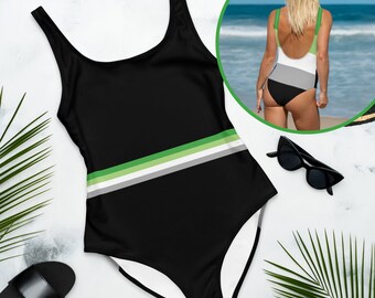 Black Aromantic Flag Stripe one piece Swimsuit, Aromantic Pride Flag Bathing Suit, Aro Flag Swimming Costume, LGBTQIA+ Swimwear & Beachwear
