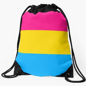May include: A drawstring bag featuring a horizontal stripe design in pink, yellow and blue. The bag is made from a soft, durable fabric and has a black drawstring.