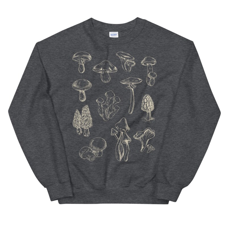 May include: A dark heather grey sweatshirt with a white graphic of various types of mushrooms. The mushrooms are drawn in a vintage style.