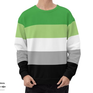 May include: A green, light green, white, grey, and black striped sweatshirt. The sweatshirt has a crew neck and long sleeves.