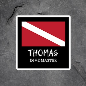 Personalized Dive Master Sticker, Scuba Diver Sticker, Scuba Diving Sticker, Deep Sea Diver Gift, Custom Name Diver Down Flag Laptop Sticker