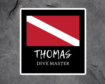 Personalized Dive Master Sticker, Scuba Diver Sticker, Scuba Diving Sticker, Deep Sea Diver Gift, Custom Name Diver Down Flag Laptop Sticker