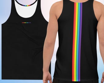 Black Rainbow Flag Stripes LGBT Pride Tank Top, Gay Summer Shirt, Queer Festival Fashion, Pride Flag Colors, Gay Tank Vest, Lesbian Bi Trans