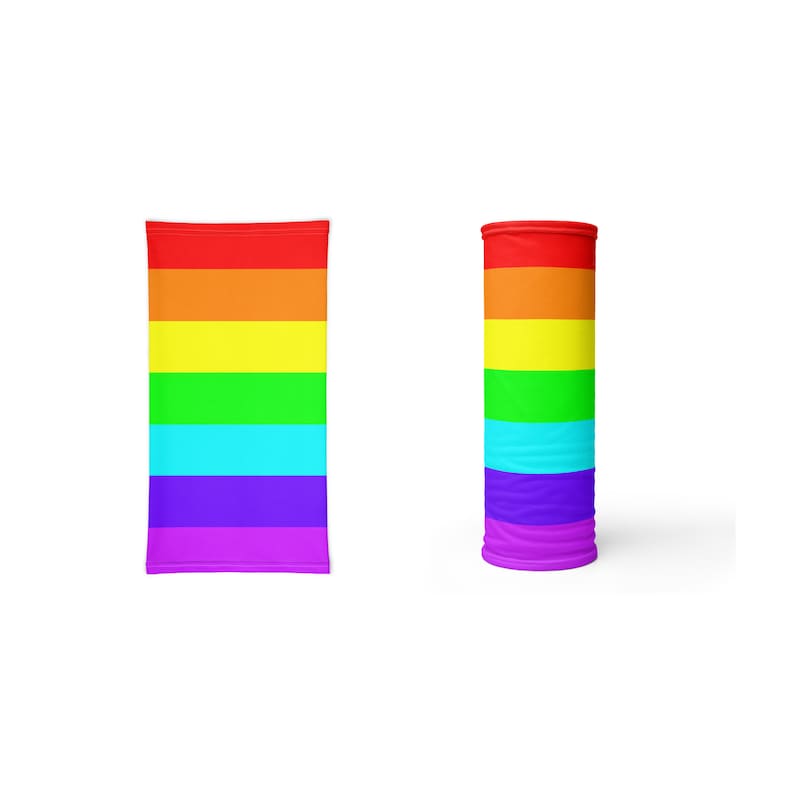 May include: A rainbow-colored face mask and neck gaiter. The mask has red, orange, yellow, green, blue, indigo, and violet stripes. The neck gaiter is made of a stretchy fabric and has the same rainbow pattern.