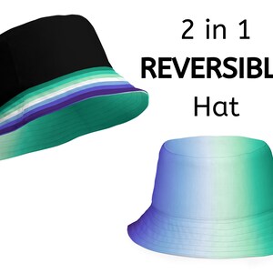 May include: A reversible bucket hat with two color options. One side is black with a green, blue, and purple striped band. The other side is a gradient of blue and green.