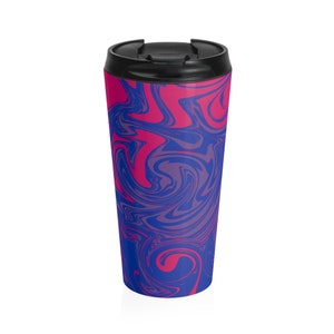 May include: A stainless steel travel mug with a black lid. The mug has a swirling pattern of pink and blue.