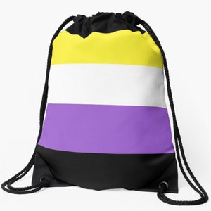 May include: A drawstring bag featuring a yellow, white, purple and black striped design. The bag is made from a soft, durable fabric and has a drawstring closure.