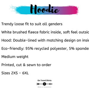May include: A description of a hoodie with a loose fit, white brushed fleece fabric inside, and a double-lined hood with a matching design. The hoodie is made from 95% recycled polyester and 5% spandex. It is available in sizes 2XS to 6XL.