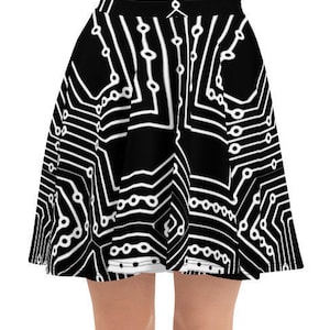May include: Black and white skater skirt with a circuit board pattern.