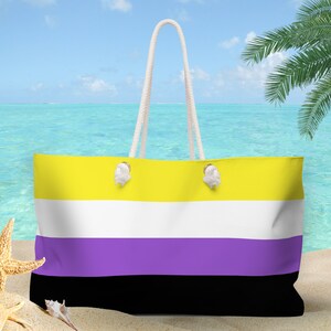 Nonbinary Flag Weekender Bag, Nonbinary Overnight Bag, Non Binary Travel Bag, Enby Pride Beach Bag, Non-Binary Gift Canvas Carryall Holdall