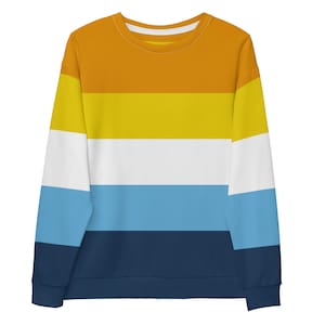 May include: A long-sleeved sweatshirt with horizontal stripes in shades of orange, yellow, white, blue, and navy.