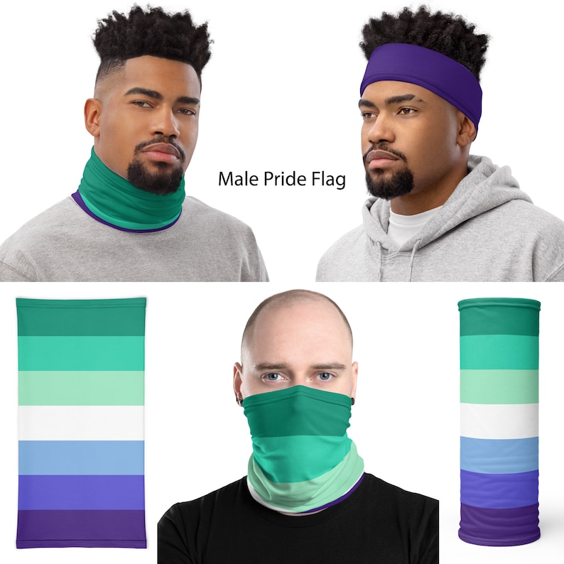 May include: A face mask with a green, light green, white, light blue, and purple striped pattern. The mask is shown on a person's face and on a flat surface. The text "Male Pride Flag" is visible in the image.