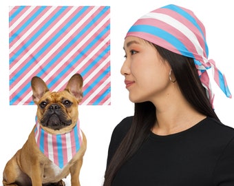 May include: A French bulldog wearing a pink and blue striped bandana. A person is wearing a pink, blue, and white striped bandana on their head.