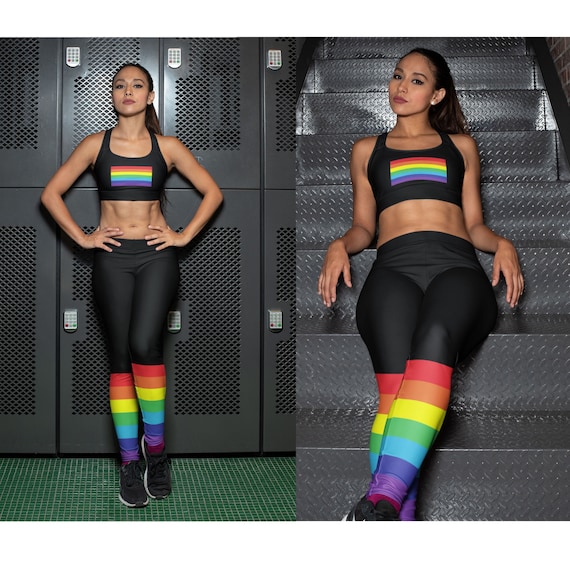 Rainbow Flag Matching Gym Set, Workout Leggings & Sports Bra Top