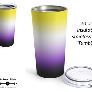 May include: A 20 ounce stainless steel tumbler with a yellow, white, purple, and black ombre design. The tumbler is insulated and has a lid.