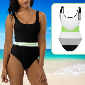 Black Agender Flag Stripe one piece Swimsuit, Agender Pride Flag Bathing Suit, Genderless Pride Swimming Costume, LGBTQIA+ Swimwear Bodysuit
