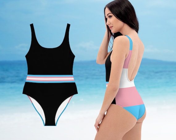 Black Trans Flag Stripe One Piece Swimsuit, Trans Pride Flag