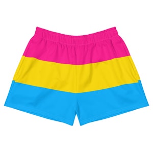 May include: A pair of pink, yellow, and blue athletic shorts with a horizontal stripe pattern.