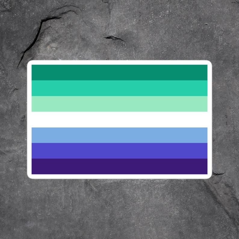 Puede incluir: Una pegatina con un dise&ntilde;o de bandera de rayas horizontales. La bandera tiene cinco rayas de colores alternos: verde azulado, verde azulado claro, blanco, azul claro, azul y azul oscuro.