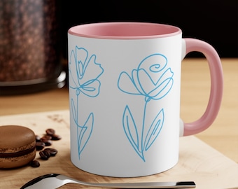 Two tone Transgender Flower Mug, subtle Trans Mug, floral line art, discreet Trans Pride Mug, Transgender Pride Coffee Mug, Trans Flag Cup