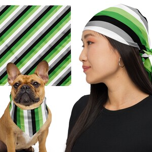 May include: A green, black, and white striped bandana is tied around a person's head. A French bulldog is wearing a matching bandana around its neck.