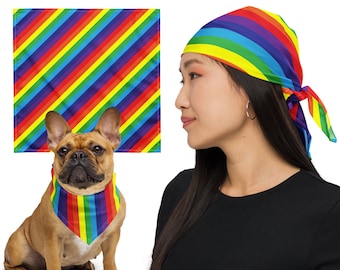 Square Rainbow Bandana, LGBT Pride Bandana Scarf, Gay Flag Festival Head Scarf, Rainbow Scarf, Queer Pride Dog Bandana, Rainbow Accessories