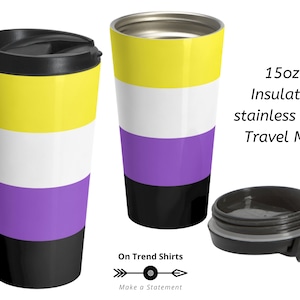 Nonbinary Flag Travel Mug, insulated stainless steel Enby Pride Mug with lid, Non Binary Travel Cup, Non-Binary Travel Coffee Mug, NB Pride
