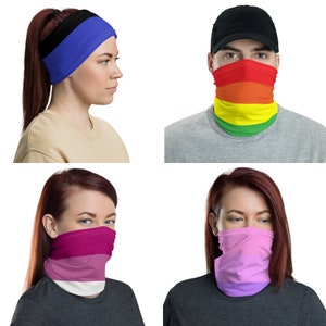 May include: Four different face masks with pride flag designs. The masks are made of a soft, breathable fabric and are comfortable to wear. The designs include the rainbow pride flag, the lesbian pride flag, the bisexual pride flag, and the transgender pride flag.