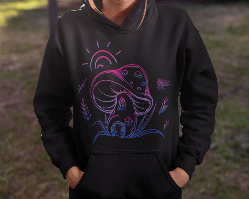 Bisexual Mushroom Hoodie, Bisexual Flag Mushroom Sweater, Bi Pride Flag Aesthetic Clothing, subtle Bi Hoodie, forest woodland fairy house image 1