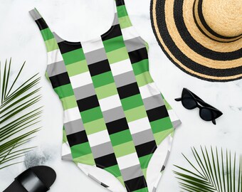 Aromantic Swimsuit, one piece, Aromantic Flag Bathing Suit, Aro Pride Flag Swimming Costume, discreet Aro Flag Swimwear, LGBTQIA Beachwear