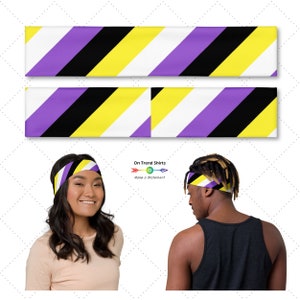 May include: A purple, yellow, black and white striped headband. The headband is worn by two people, one with long dark hair and one with dreadlocks. The text "On Trend Shirts" and "Make a Statement" is visible in the image.