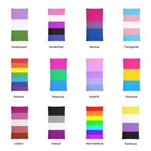 May include: A set of 12 different pride flags, each representing a different sexual orientation or gender identity. The flags are arranged in a grid of four rows and three columns. The flags are all rectangular and have a variety of colors and designs.