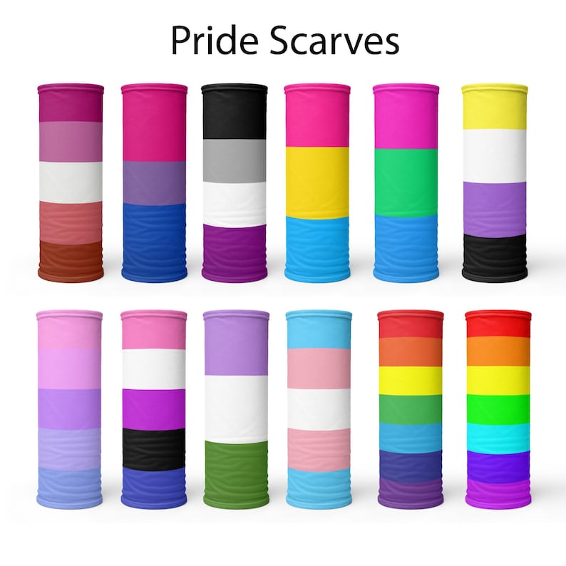 May include: Twelve different pride flag designs printed on neck gaiters. The neck gaiters are all the same size and shape, and they are arranged in two rows of six. The flags are all brightly colored and feature a variety of different designs.