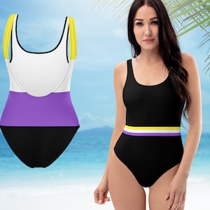 Black Nonbinary Flag Stripe one piece Swimsuit, Non Binary Flag Bathing Suit, Nonbinary Pride Swimming Costume LGBTQIA+ Swimwear & Beachwear