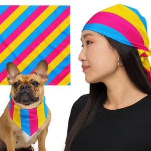 Puede incluir: Un bulldog francés con una bandana a rayas rosa, azul y amarilla. Una persona lleva una bandana a juego en la cabeza. La bandana tiene un patrón de rayas diagonales.