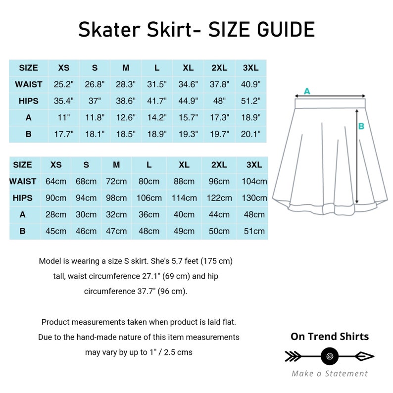 May include: Size chart for a skater skirt in various sizes, showing measurements in inches and centimeters for waist, hips, and two other measurements labeled A and B. The chart includes a model wearing a size S skirt, with her height, waist, and hip measurements listed.