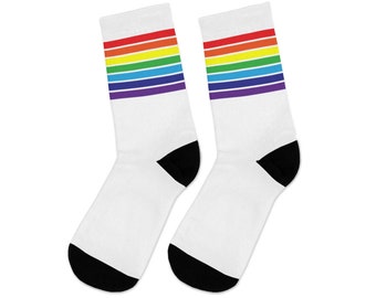 White Rainbow Socks, one size, LGBT Socks, Gay Pride Socks, striped Pride Flag Socks, Queer Socks, LGBT Accessories, Pride Crew Socks unisex