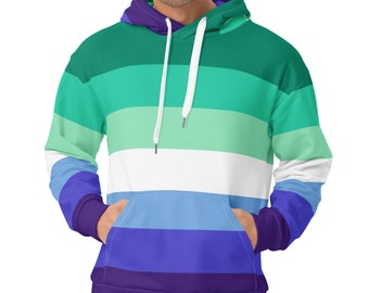 May include: A green, light green, white, light blue, blue, and purple striped hoodie.