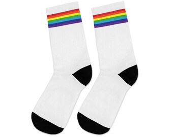 White Rainbow Socks, one size, LGBT Socks, Gay Pride Socks, striped Pride Flag Socks, Queer Socks, LGBT Accessories, Pride Crew Socks unisex