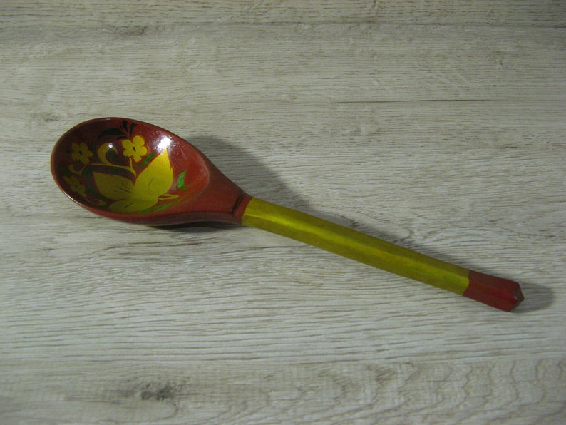 Rustic wooden spoon Vintage old kitchen decor utensils Handmade Handcrafted antique Cutlery Painted Hohloma Wooden spoons USSR Russian Folk